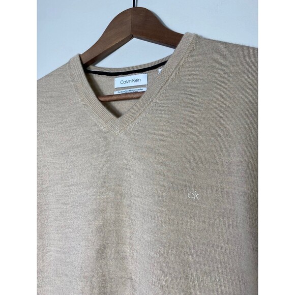 Calvin Klein Extra Fine Merino Wool Sweater Beige V-Neck Men’s L - Picture 2 of 8